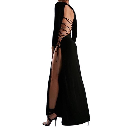 Sexy Langarm Bandage Rückenfrei Maxikleid Elegant Party Schlitz Schnürkleid - Bild 8 von 8