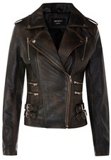 Ladies Leather Biker Jacket Black Real Lamb Nappa Vintage Gothic Buckle Jacket