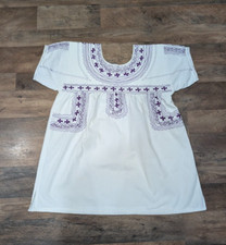 Handmade White Blouse from Oaxaca, Mexico   Elegant Purple Embroidery Detail
