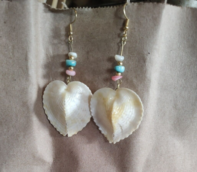 Handmade White Natural Shell Heart Shaped Earrings Beaded Dangle Fish hook  OOAK? | eBay