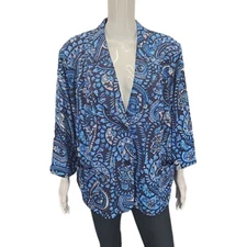 Joan Rivers Paisley Jersey Knit 3/4 Sleeve Blazer Pockets 3X Plus Sz Blue Jacket