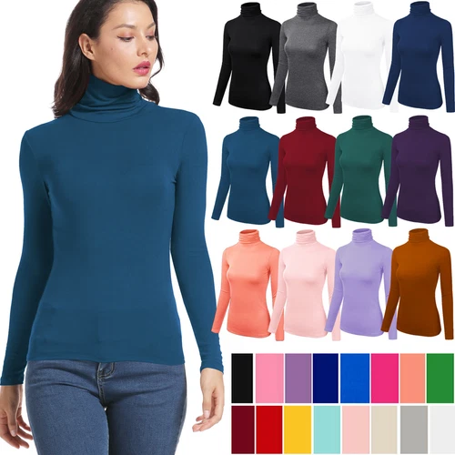 Women's Basic Turtleneck Top Soft Stretch Ribbed Knit Long Sleeve Shirt Solid - Picture 1 of 21