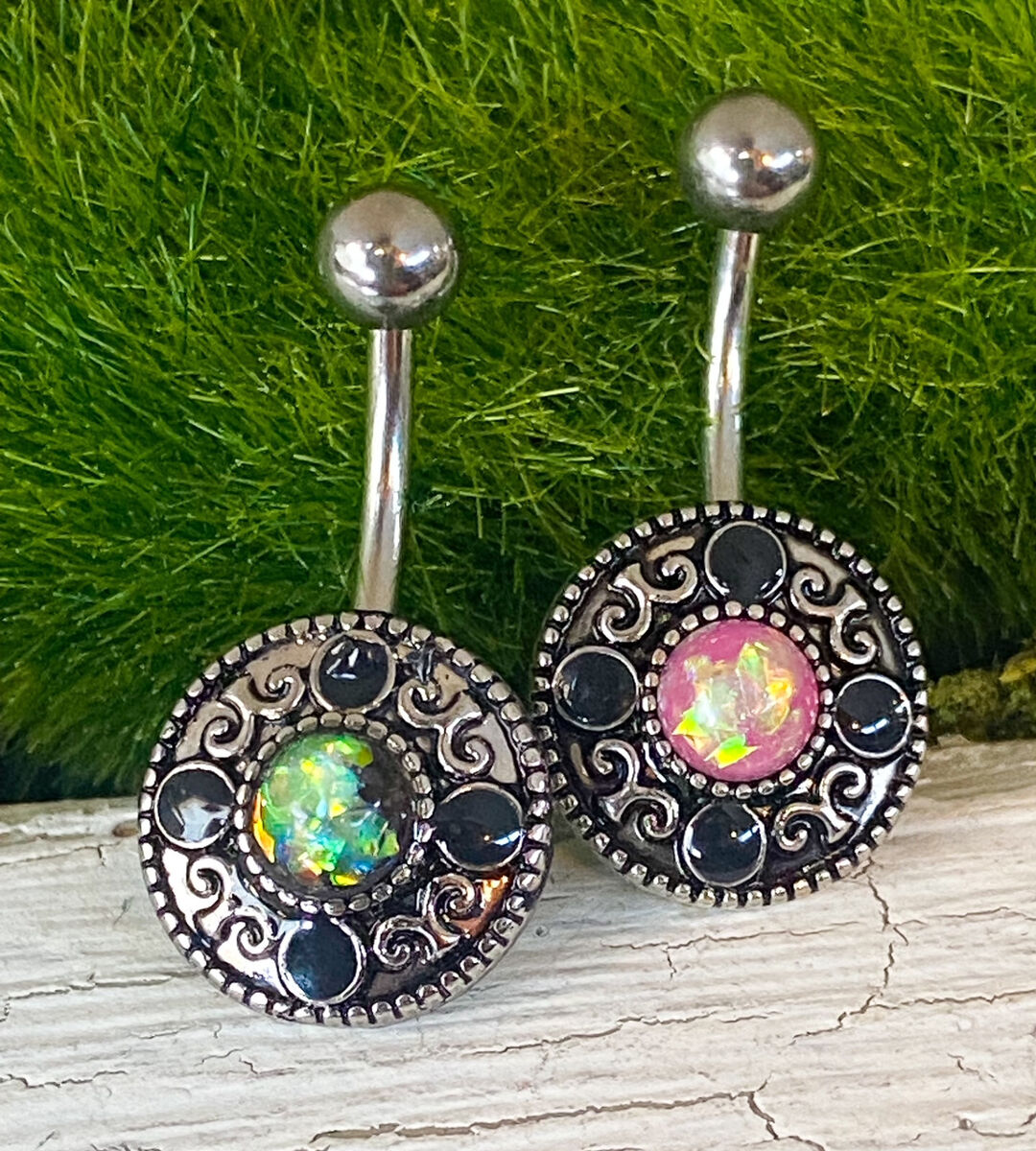 316L Surgical Steel & Brass Flower with Blue Opal Belly Ring 316L Surgical Steel & Brass Flower with Blue Opal Belly Ring