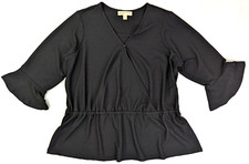 Michael Kors Peplum 3/4 Sleeve Flare Sleeve Top, Women XL, Black V-Neck Relaxed