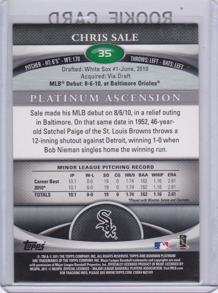 CHRIS SALE RC Bowman Platinum Chicago White Sox Baseball Foil 2011 ROOKIE CARD! - Image 2 of 2