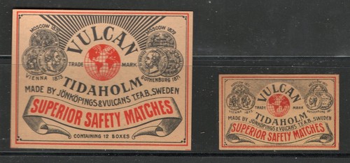 MATCHBOX LABEL SWEDEN- Vulcan Globe brand x2 different, T,F.A.B.-**