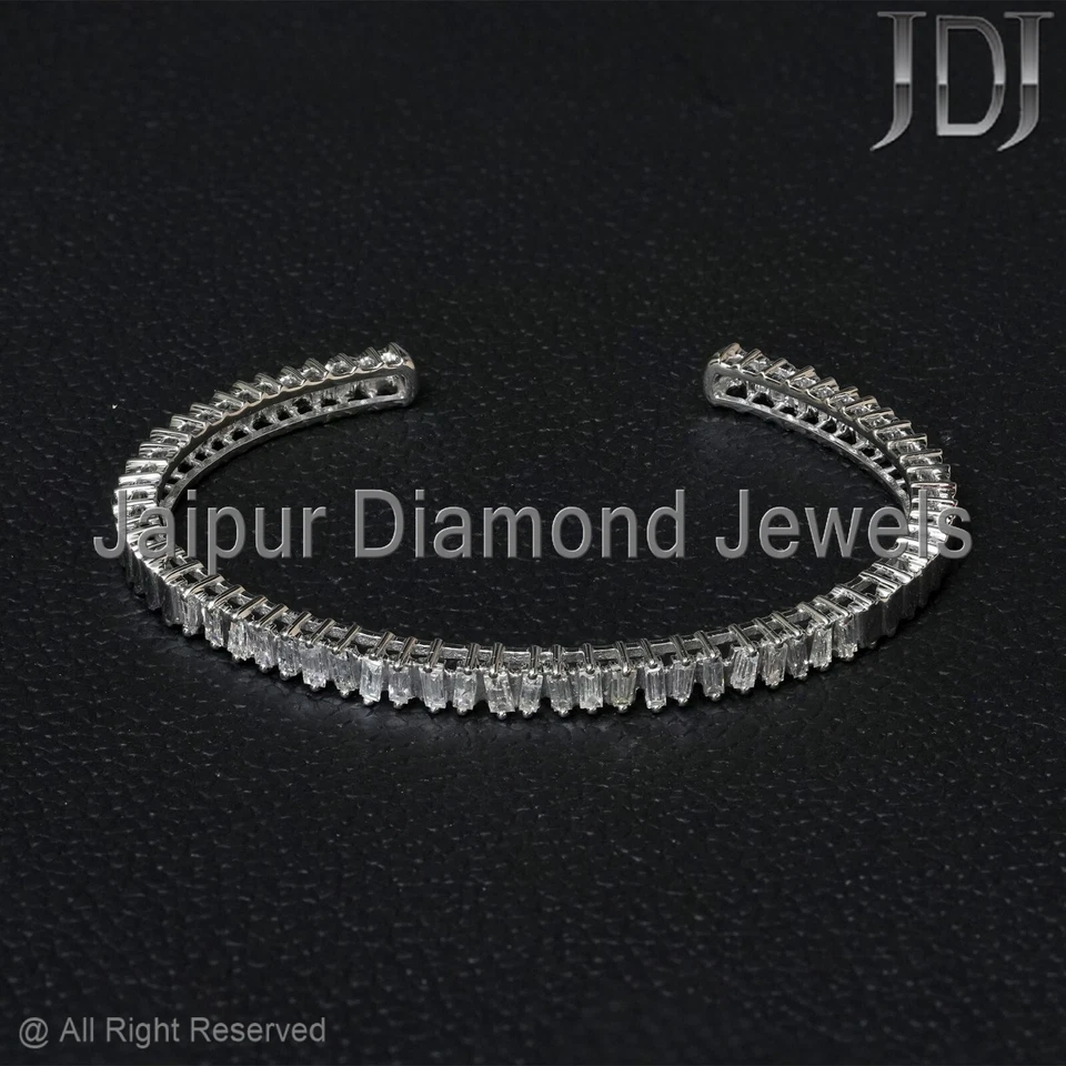 Brazalete brazalete genuino baguette diamante sólido oro blanco 14k joyería diseñador encanto Foto 2 de 4