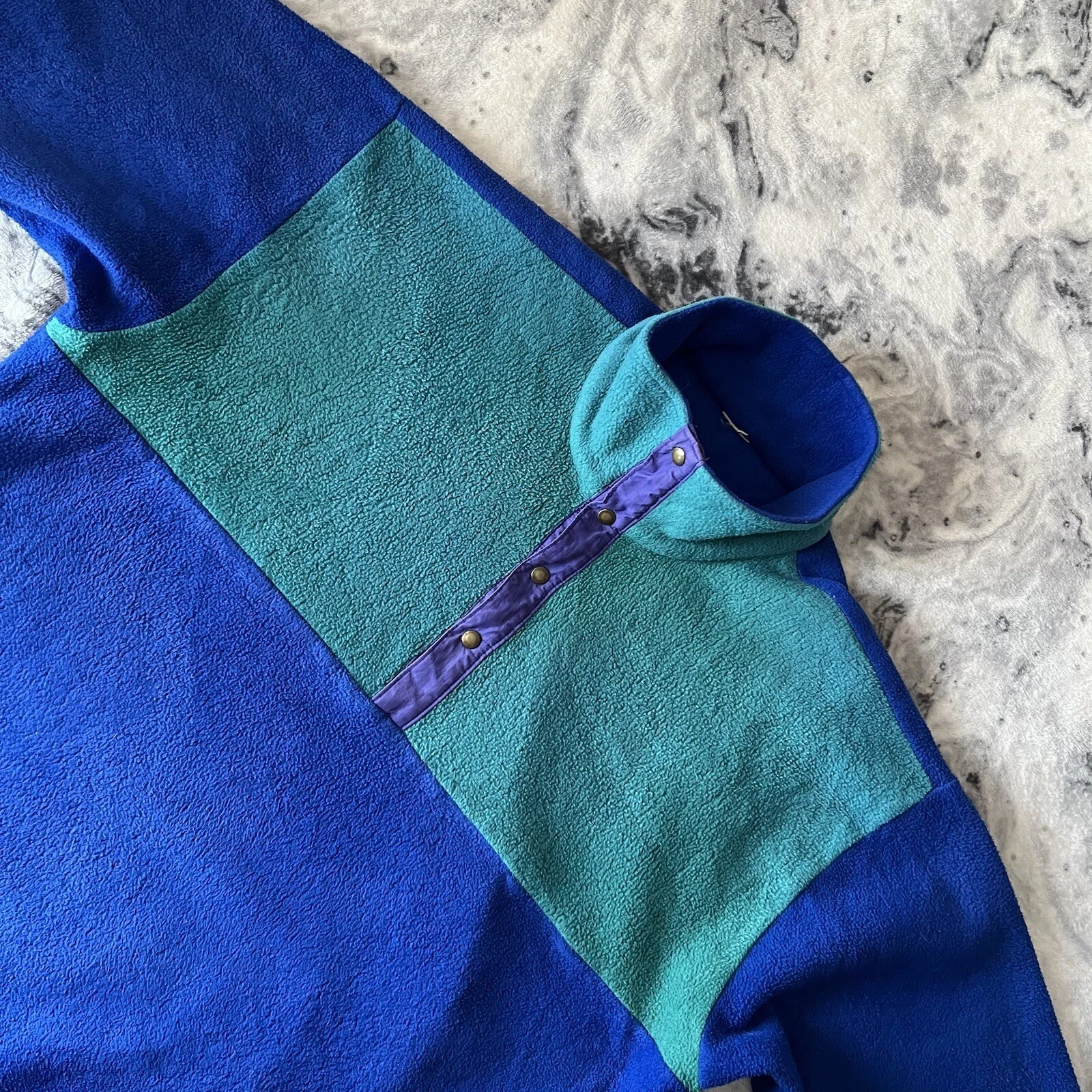 Vintage Colour Block 1/4 Snap Button Pullover Blue Green Fleece Jacket Vtg