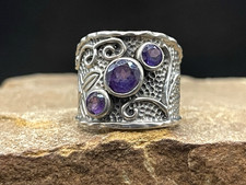 925 Sterling Silver Three Stone Amethyst Statement Ring Sz 9