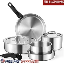 9pcs Stainless Steel Cookware Set Tri-Ply Induction Pots Pans Detachable Handle