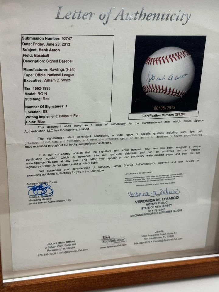 Hank Aaron Autographed Baseball Rawlings Official NL RO-N Blue Ink JSA LOA Frame - Image 2 of 4
