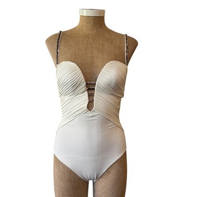 La Perla Deep V One Piece Bathing Swim Auit Cream Beaded Trim Size 44 Small EUC
