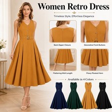 Women Sleeveless V Neck Midi Dress Belted A-Line Swing Retro Formal Work Dress