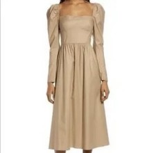 $248 Reformation Luce Dress Khaki Tan Brown Midi Long Sleeve Square Neck 10