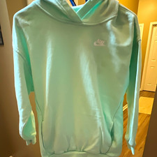 Nike Sportswear Women Green Fleece Pullover Hoodie Logo Pockets Size L