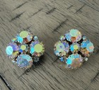 Vintage WEISS Signed Aurora Borealis Clip On Gold Tone Earrings — photo 1