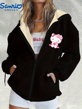 WOMENS HELLO KITTY LOGO XL FLEECE LINED BLACK ZIP HOODIE JACKET NEW NIP