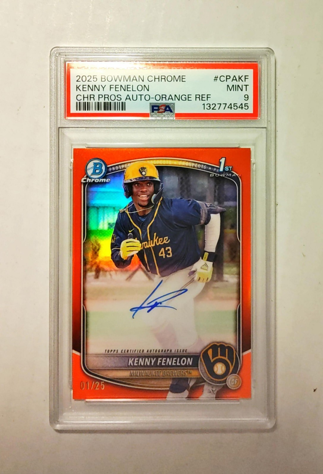 Kenny Fenelon 2025 1st Bowman Chrome AUTO ORANGE REFRACTOR /25 PSA 9 Brewers z2