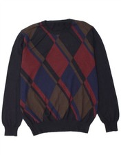 VINTAGE Mens Crew Neck Jumper Sweater IT 52 Large Navy Blue Argyle/Diamond KM08