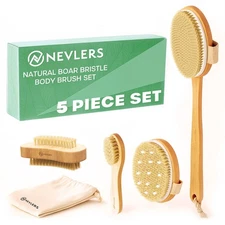 Nevlers Natural Boar Bristle Dry Brush for Body Massage 5-Piece Set | Detacha...