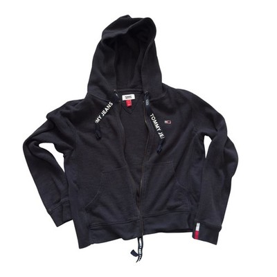 Tommy Jeans Women s Small Zip Hoodie Navy Waffle Knit Logo Drawstring Casual
