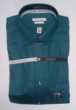 Van Heusen Mens Dress Shirt 15 32/33 Green Regular Fit Wrinkle Free Lux Sateen