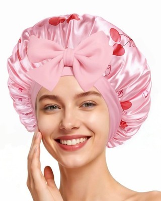 Confvrter Silk Bonnet for Sleeping Women Adjustable X-Large, Cherry Pattern 1