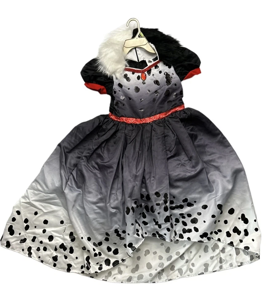 Disfraz de Villanos Cruella De Vil Niñas Mediano 8-10 Vestido Peluca Negro Juegos con disfraces De lujo Foto 2 de 4