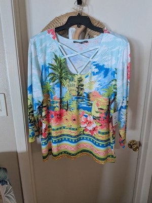 Onque Casual Relaxed Fit FS Sz. 1X Tropical Print w/Bling Studs Front Ladies NEW