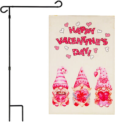 Garden Flag Stand BLK & Garden Flag Valentine's 3 Pink Hat Gnomes 12x18IN Burlap