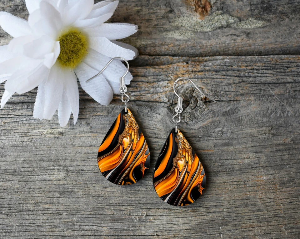 Black Orange Swirl Halloween Wood Tear Drop Printed Earrings Jewelry Handmade - Image 2 of 3