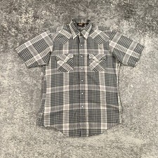 Vintage Holt Western Shirt Mens Medium Grey Plaid Pearl Snap Cowboy 80s USA Made