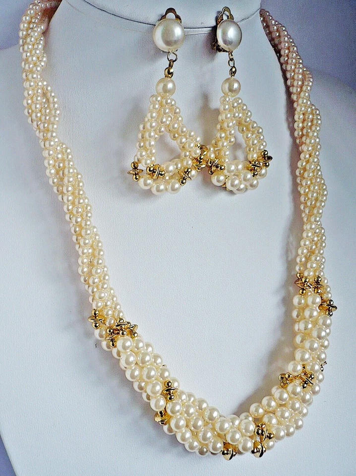 2-teilig  Schmuck SET gold gedreht Ohrclips Ohrringe + Kette Perlen creme NEU