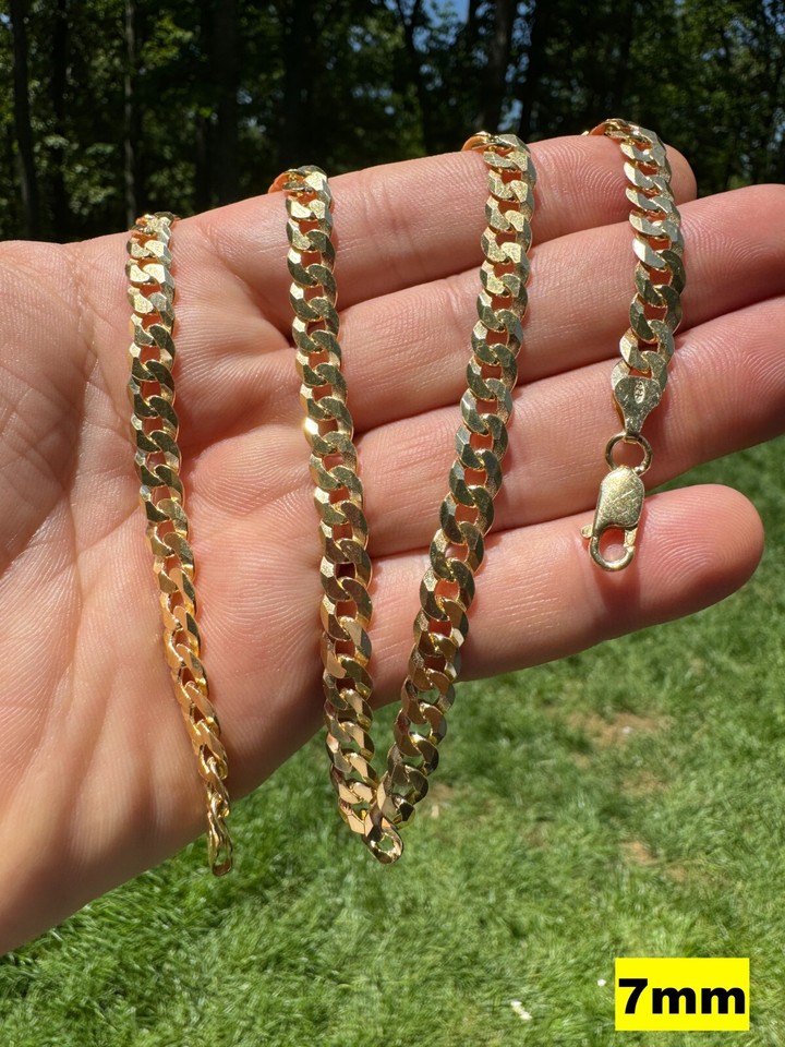 REAL Solid 925 Silver 14k Gold Plated Flat Cuban Link Chain Necklace ...