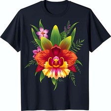 Vibrant Floral Graphic on Black T-Shirt Stunning Orchid Design with Green
