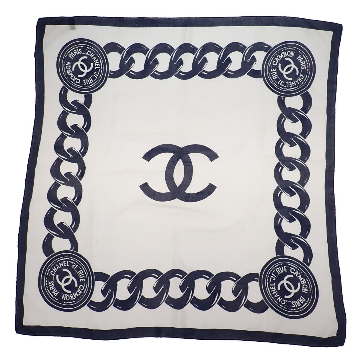【CHANEL】★Vintage★SCARF コットン スカーフ CHANEL Large Scarf Vintage Chain Pattern 100% Silk White x
