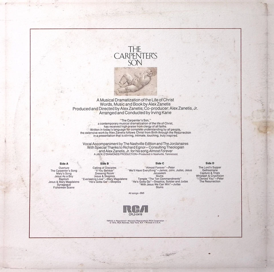 THE CARPENTER'S SON A MUSICAL DRAMATIZATION OF LIFE OF CHRIST 2-LP SET 187-85 - Image 2 of 4