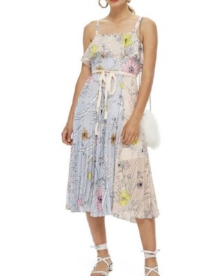 topshop pastel dress Topshop Pastel Pleated Ruffle Floral Bohemian Midi Dress US Size 10