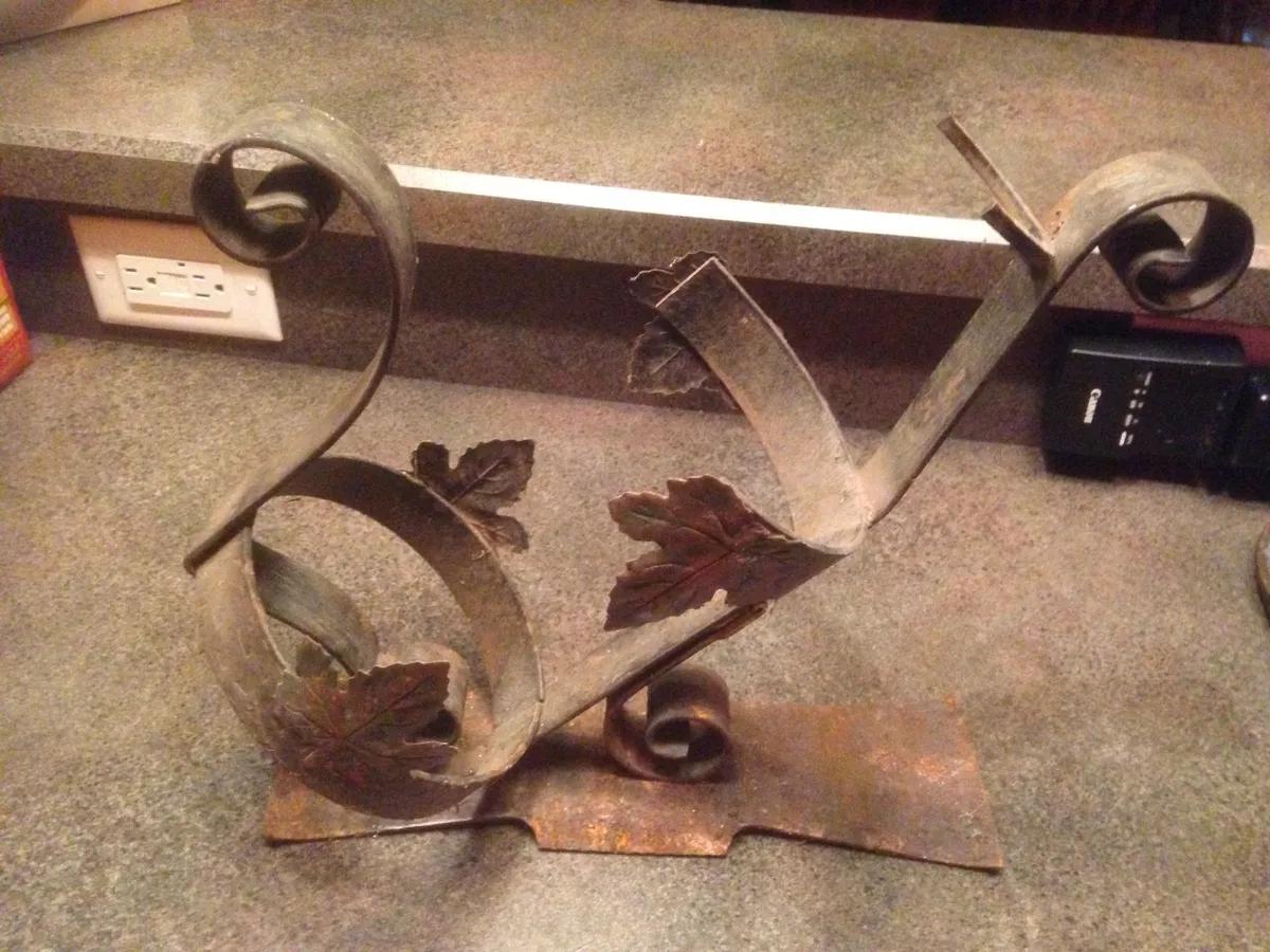 Vintage Metal Wine Cradle Pourer Bottle Decanter Grape Leaves Great Patina