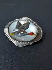 Antique VTG Silver Mother of Pearl Crystal Reverse Painted Duck Brooch Signed