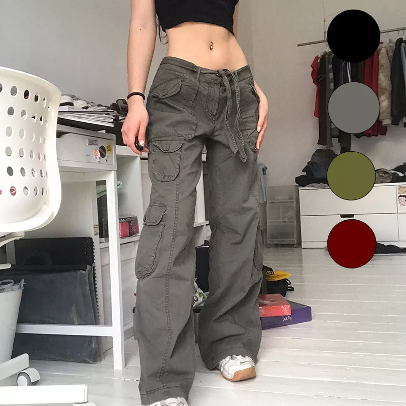 Women Retro Straight Jeans Wide Leg Cargo Trousers Bottom Denim Pants  Pockets