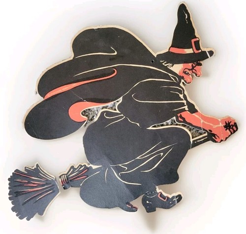VTG American Merri-Lei Halloween Witch On Broom Die Cut/ Cutout Decoration READ