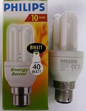 1x 8W (=40W) Philips Low Energy Power Saving CFL Stick Light Bulbs BC B22 Lamps