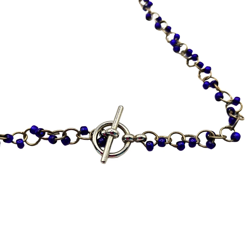 Collar de eslabones de cadena con cuentas tono plata largo vintage para mujer azul playa costera Foto 4 de 4