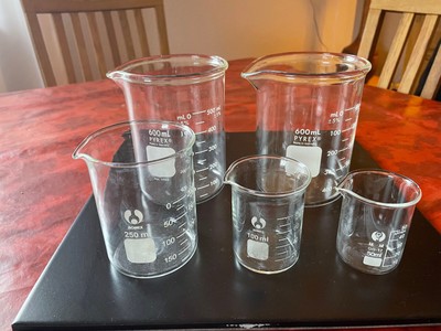 Pyrex Becher Set: 2x 600ml, 1x 250ml, 1x 100ml, 1x 50ml