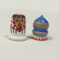 Vintage Russian Wooden Dome Building Thimble Hand Painted + man thimble