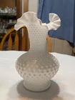 Vintage Large Fenton White Milk Glass Hobnail Ruffled Edge Vase  10 1/2" Tall