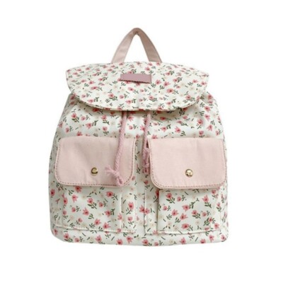 Women School Girl Sweet Floral Backpack Double Pocket School Bag Small Daypack