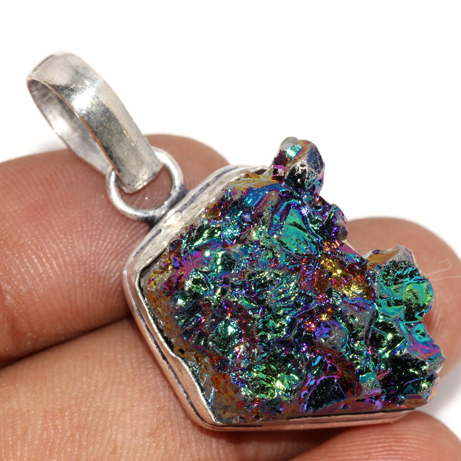 Titanium Druzy 925 Silver Plated Gemstone Pendant 1.5