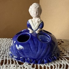 Vtg Ceramic Victorian Girl with Blue Dress Blonde Hair Lipstick Holder 3.5"